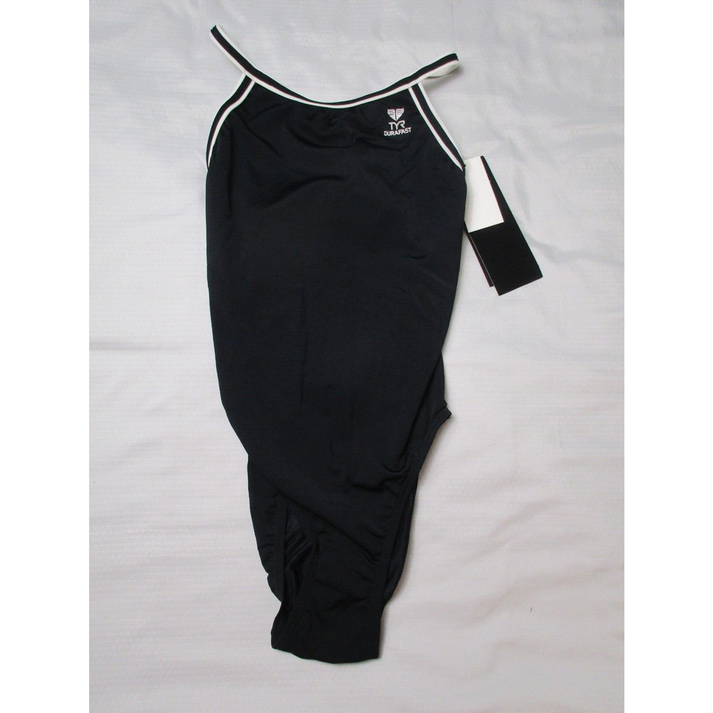 TYR One Piece Swimsuit 32 Black Diamond Back Polyester Durafast Training $66